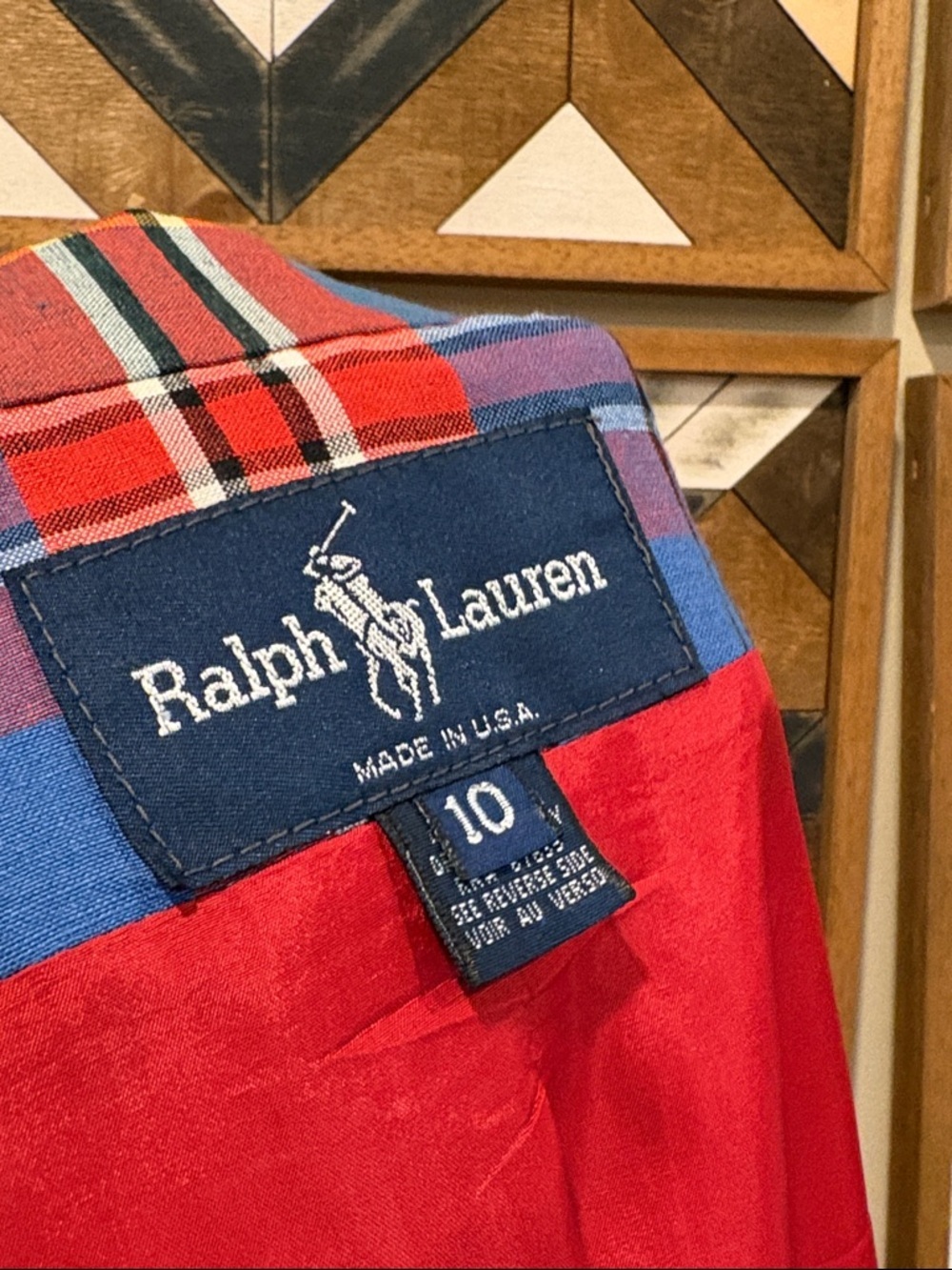 Vintage Ralph Lauren 80s Red Multi Plaid Double-Breasted Blazer Gold Buttons - Picture 11 of 16